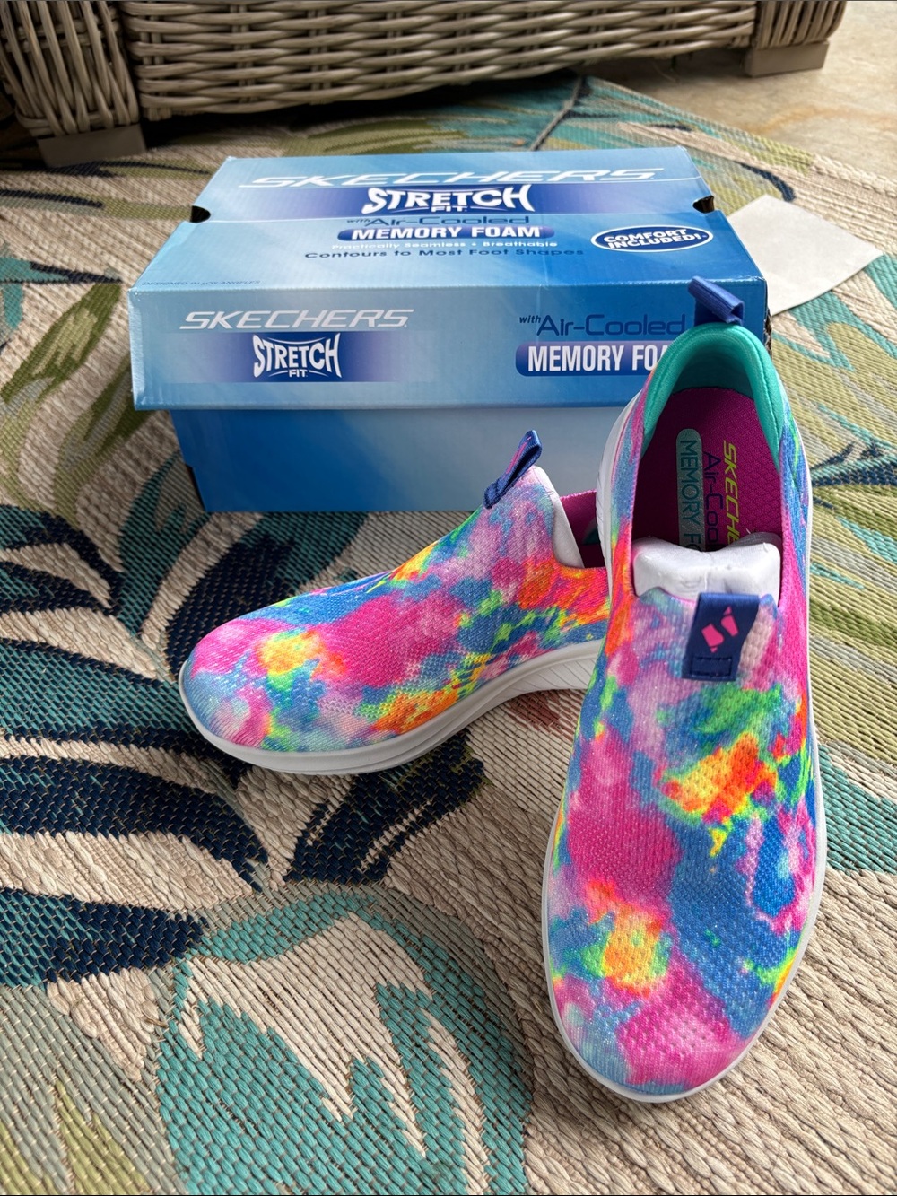 Skechers Tie-Dye Slip-On Memory Foam Sneakers in Pink, Blue & Green
